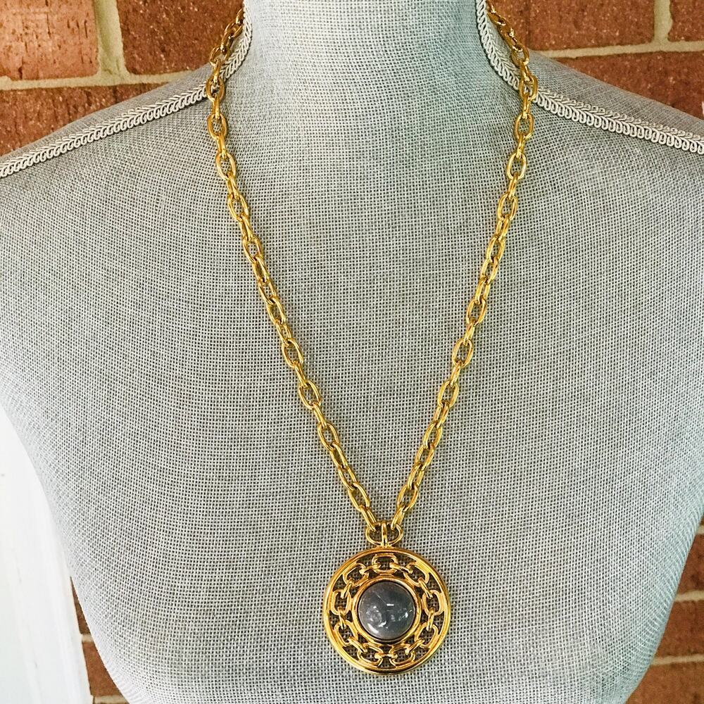 Vintage Monet Pendant Necklace | Gold Tone Medallion | Faux Moonstone Cabochon